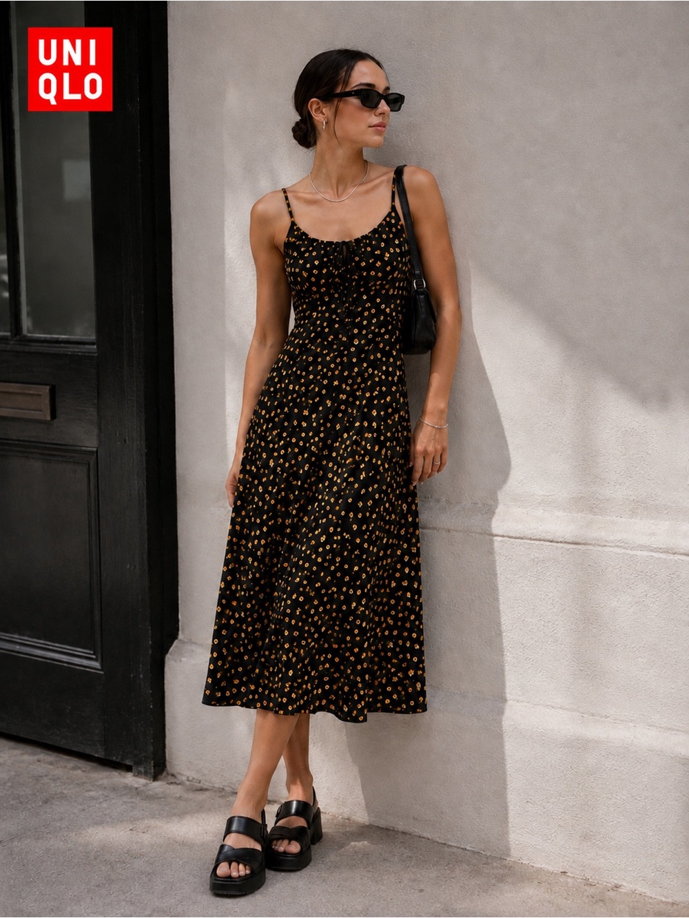 UNIQLO Flared Camisole Dress M Black Yellow Ditsy Floral Midi Cottagecore  C8